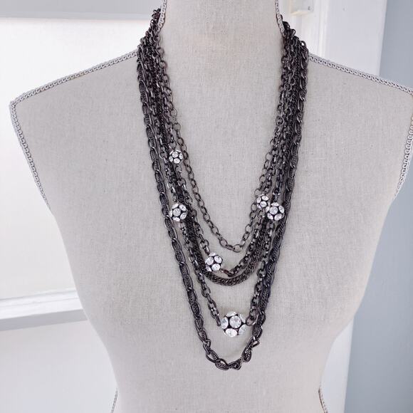 Signed VCLM Multi-Strand Gunmetal Chain Necklace with Crystal Ball Accents - Picture 2 of 9